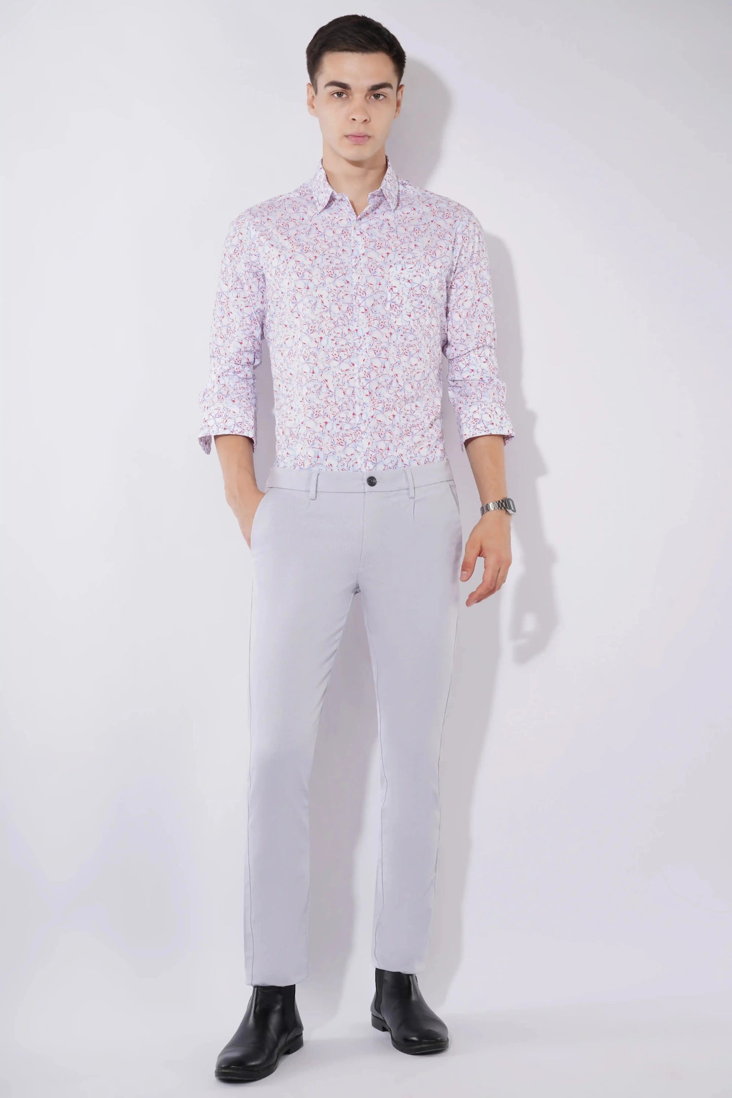 Premium slim fit full sleeve printed shirt in soft red — Olevorr Jace