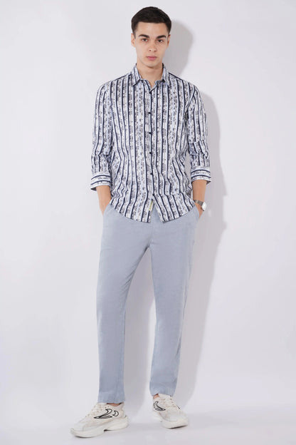 Olevorr Theron men’s slim fit full sleeve shirt in white with navy print — styled look