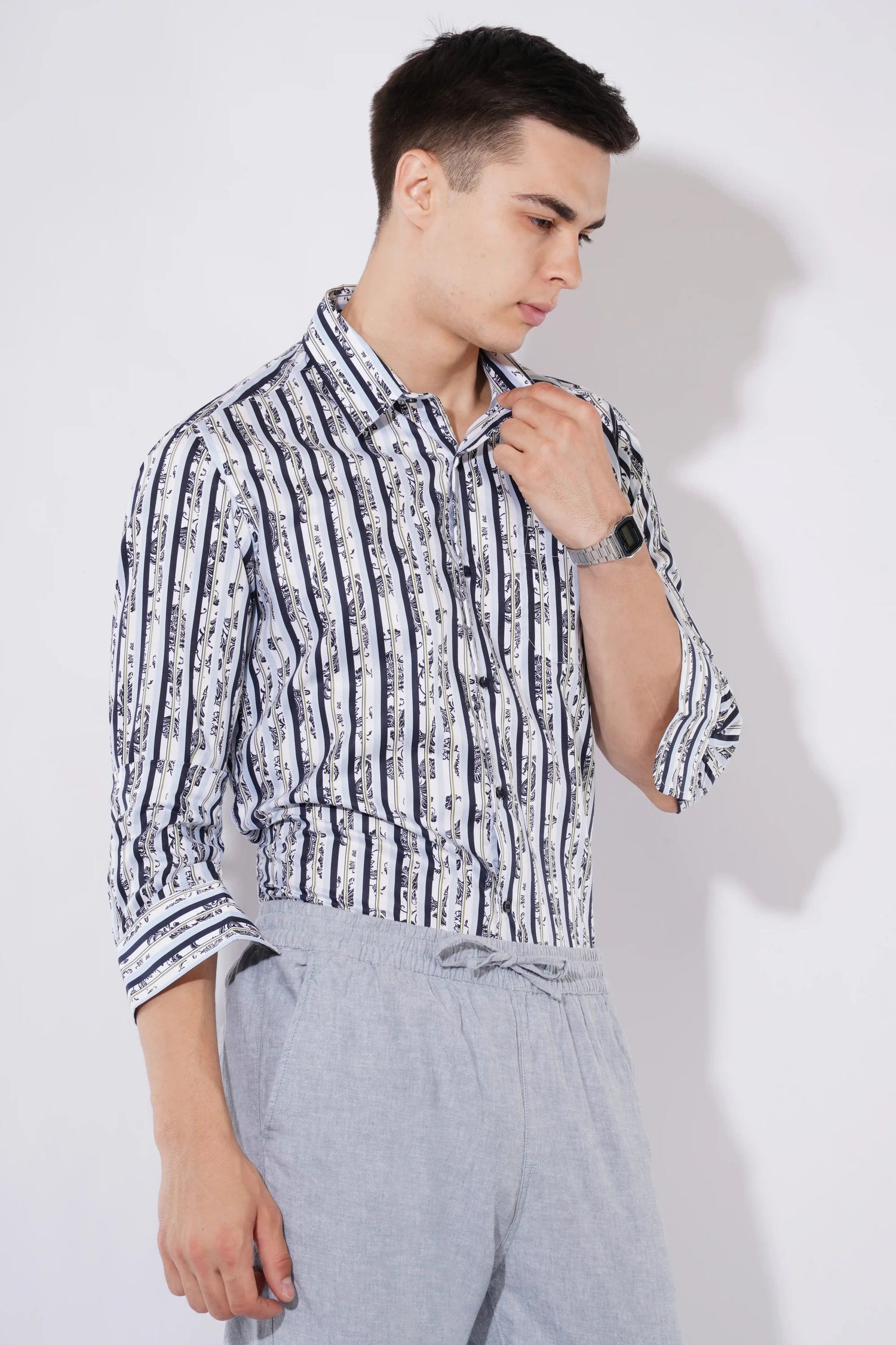 Olevorr Theron men’s slim fit full sleeve shirt in white with navy print — styled look