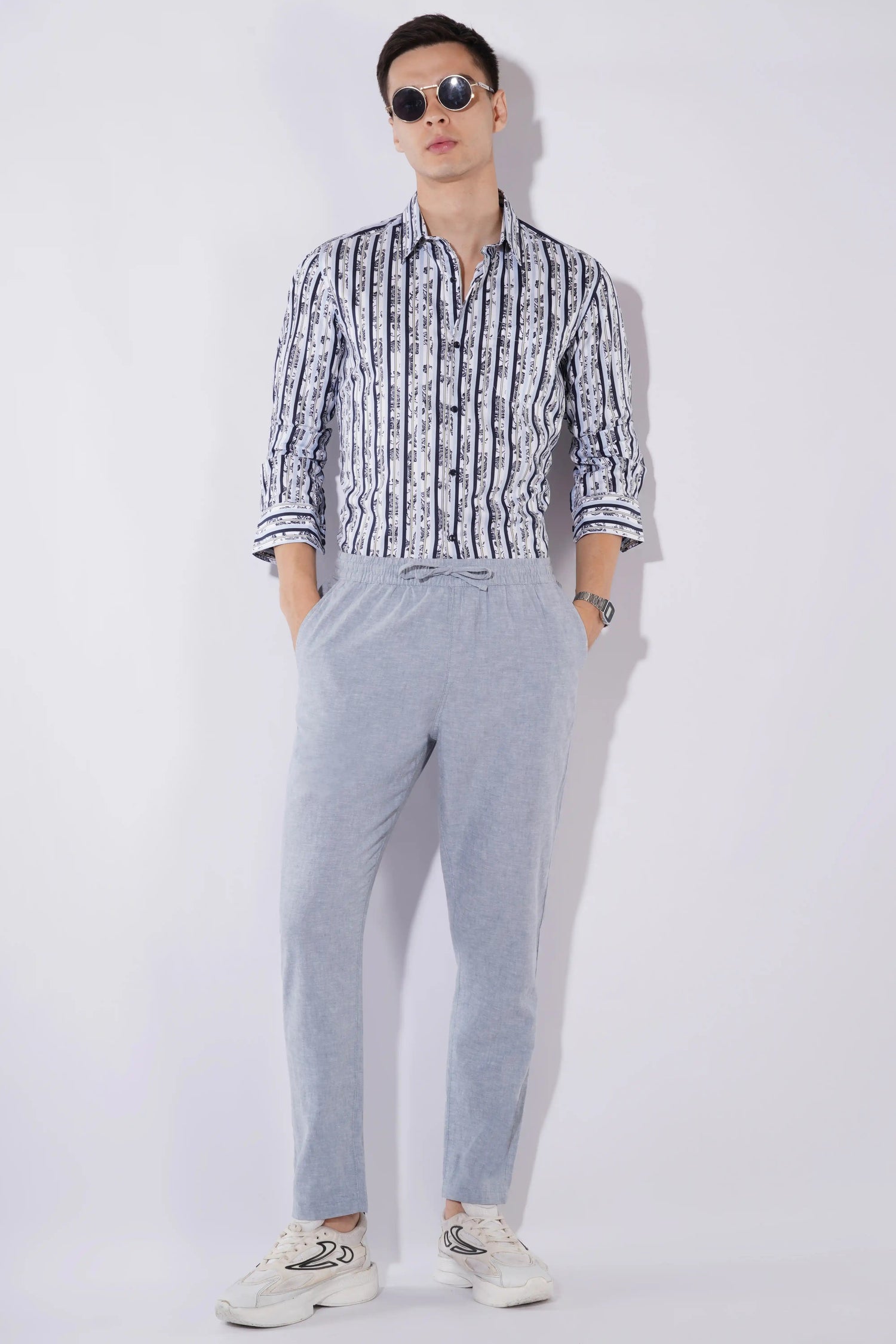 Olevorr Theron men’s slim fit full sleeve shirt in white with navy print — styled look full