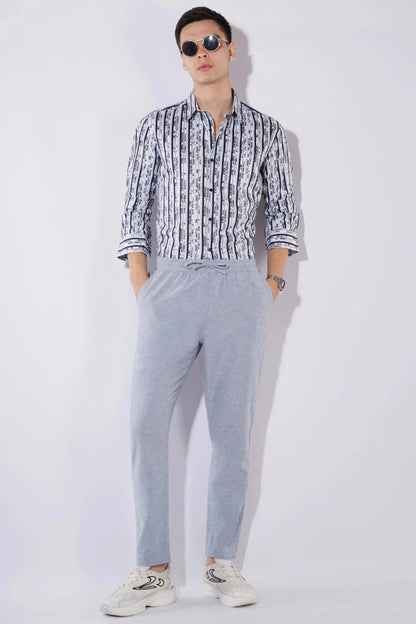 Olevorr Theron men’s slim fit full sleeve shirt in white with navy print — styled look full