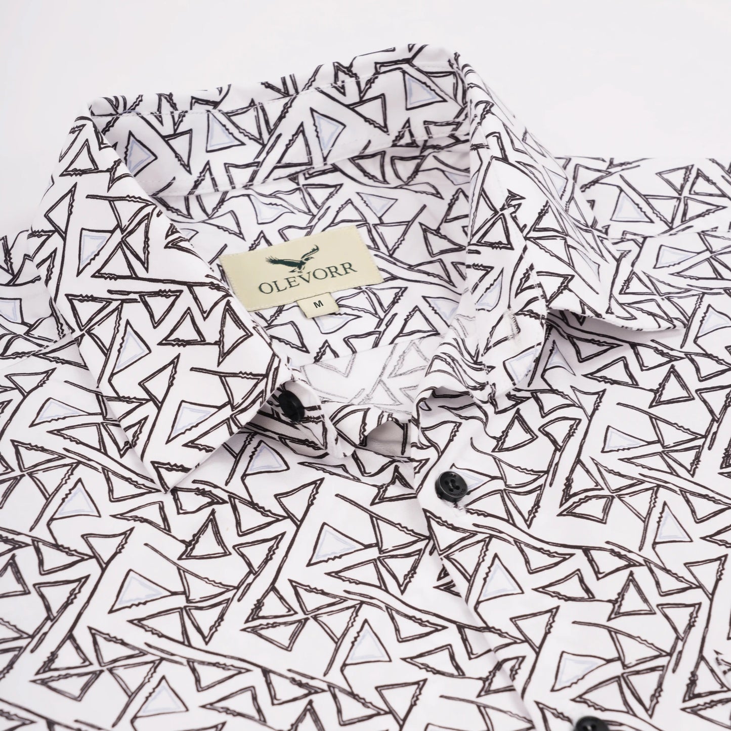 Black geometric print slim fit full sleeve men’s shirt by Olevorr — collar and close view