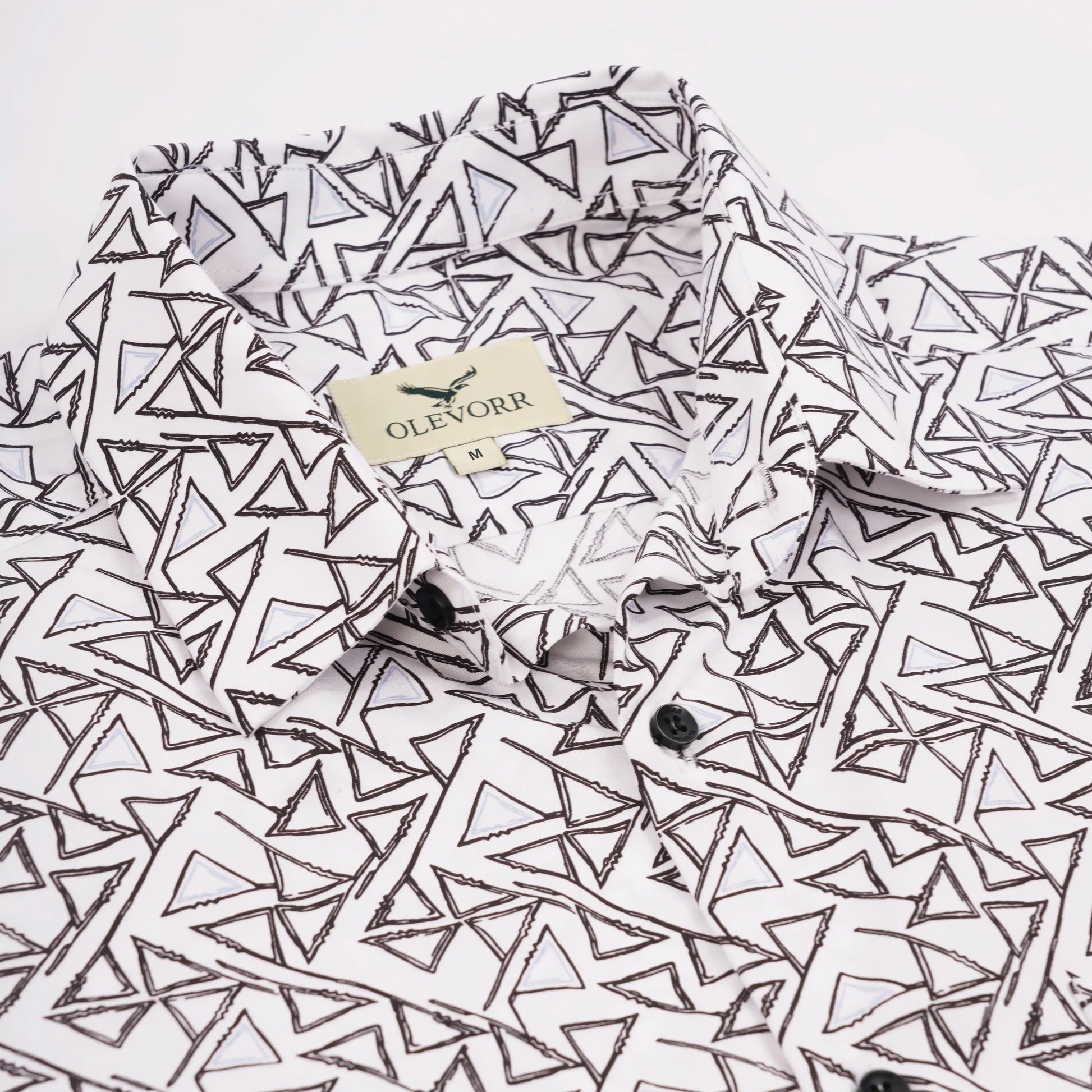 Black geometric print slim fit full sleeve men’s shirt by Olevorr — collar and close view