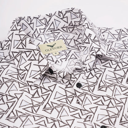 Black geometric print slim fit full sleeve men’s shirt by Olevorr — collar and close view