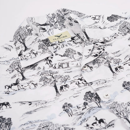 Kairo relaxed fit men’s Cuban collar shirt — white printed fabric close-up