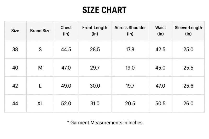 OLEVORR - SHIRT SIZE CHART