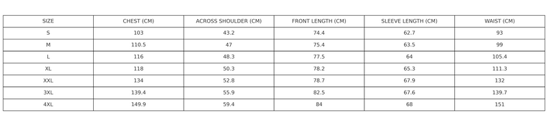 OLEVORR - SHIRT SIZE CHART