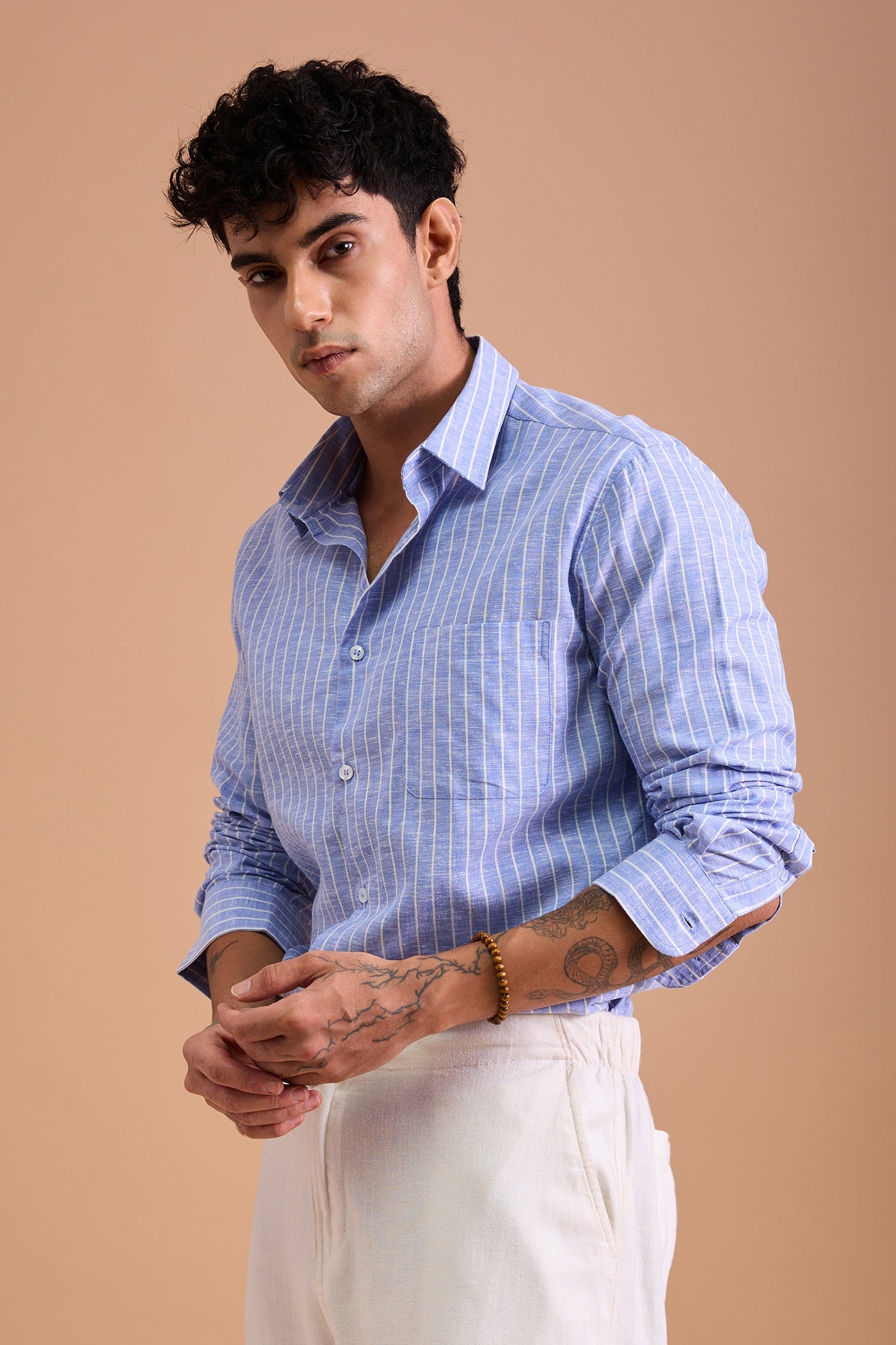 LIOR- MENS PREMIUM COTTON BLEND BLUE STRIPED REGULAR FIT SHIRT