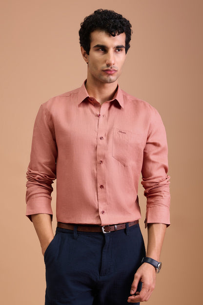 FLEUR- MENS PREMIUM LINEN CORAL PINK SOLID REGULAR FIT SHIRT