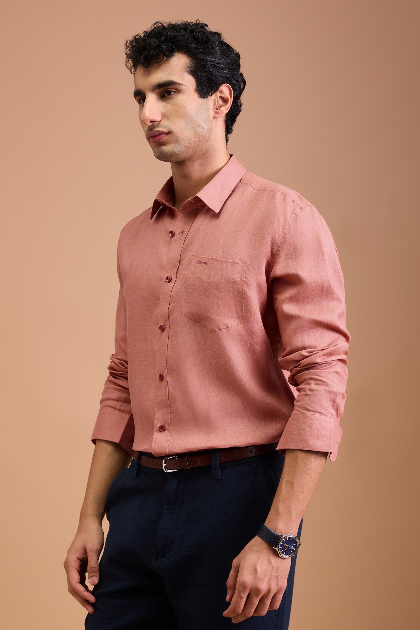 FLEUR- MENS PREMIUM LINEN CORAL PINK SOLID REGULAR FIT SHIRT