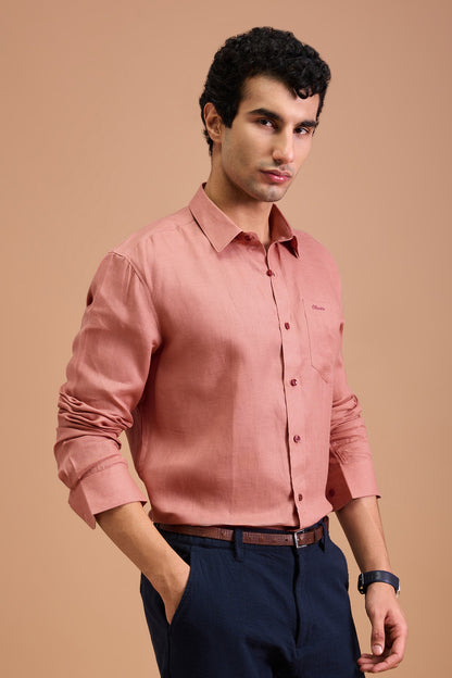 FLEUR- MENS PREMIUM LINEN CORAL PINK SOLID REGULAR FIT SHIRT
