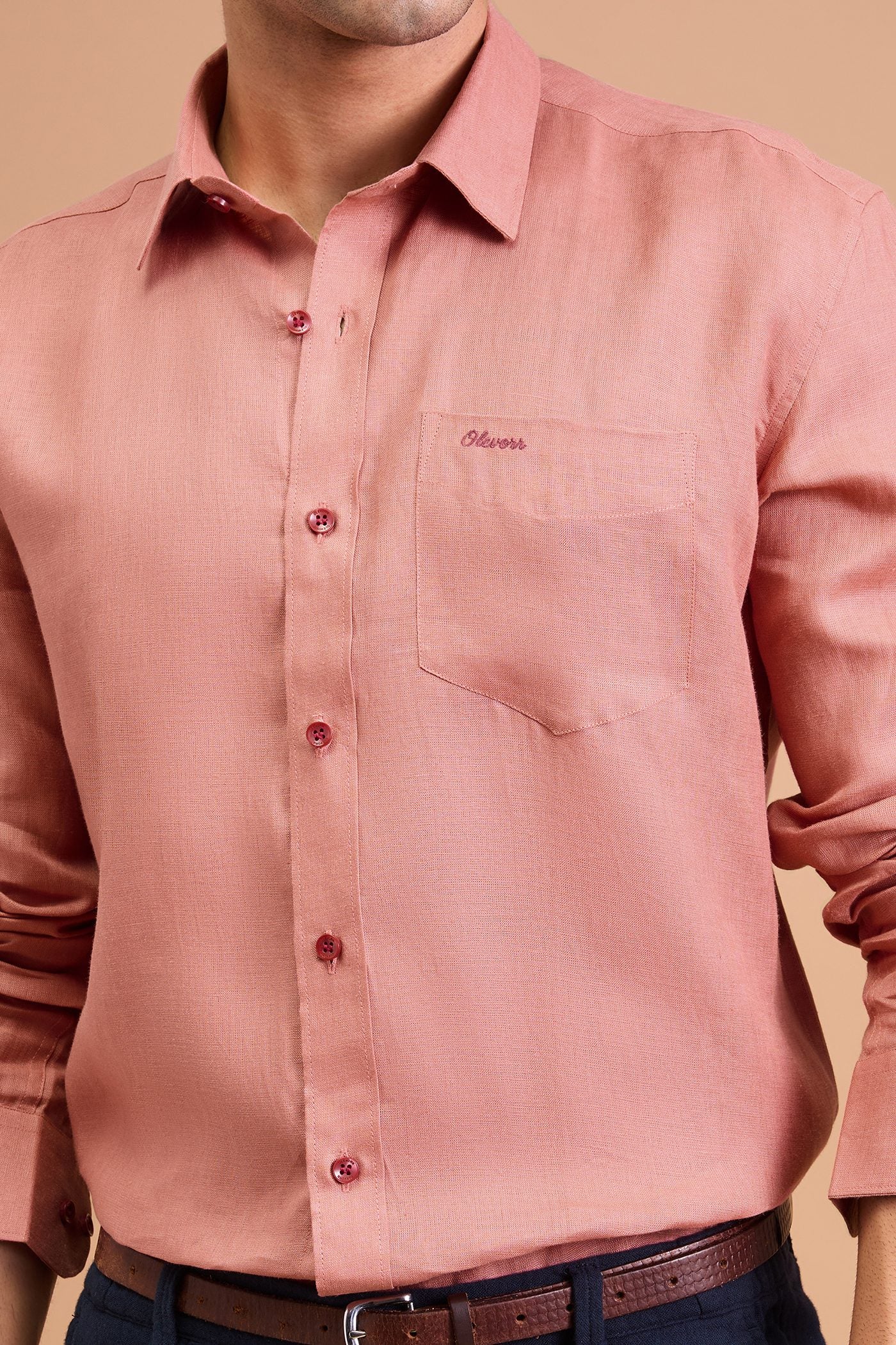 FLEUR- MENS PREMIUM LINEN CORAL PINK SOLID REGULAR FIT SHIRT