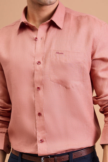 FLEUR- MENS PREMIUM LINEN CORAL PINK SOLID REGULAR FIT SHIRT