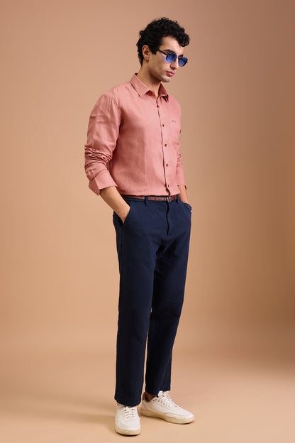 FLEUR- MENS PREMIUM LINEN CORAL PINK SOLID REGULAR FIT SHIRT