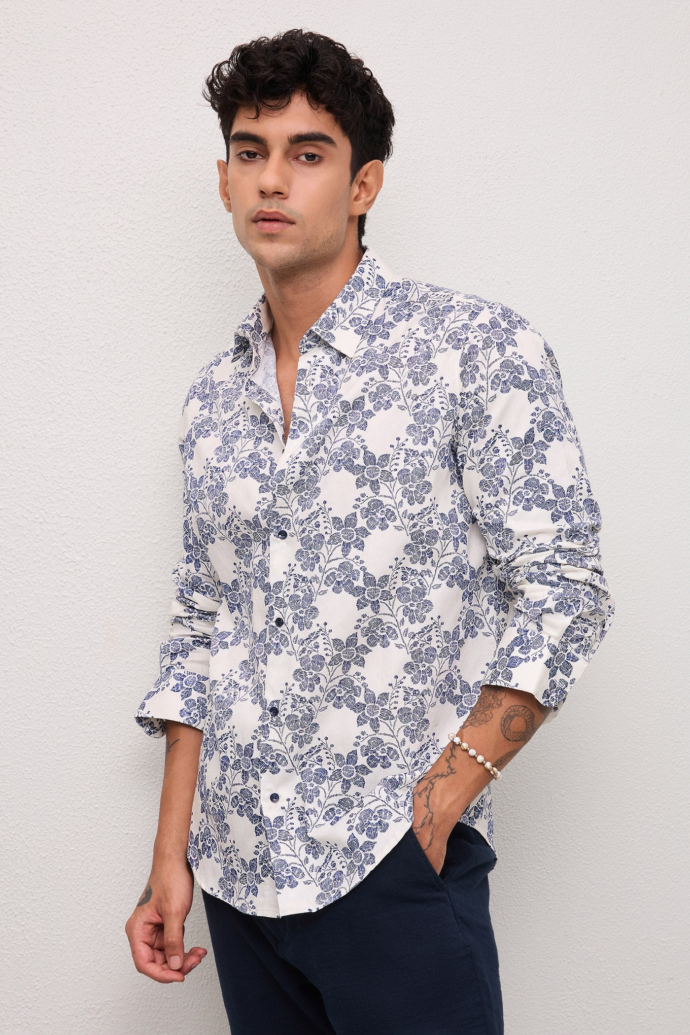 LIDO- MEN LIDO PREMIUM COTTON BLUE PRINTED CASUAL SLIM FIT SHIRT
