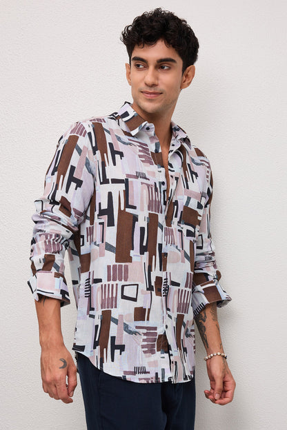 AMALFI- MENS AMALFI PREMIUM COTTON LINEN BLEND MULTICOLOR CONTEMPRORY PRINT SLIM FIT SHIRT