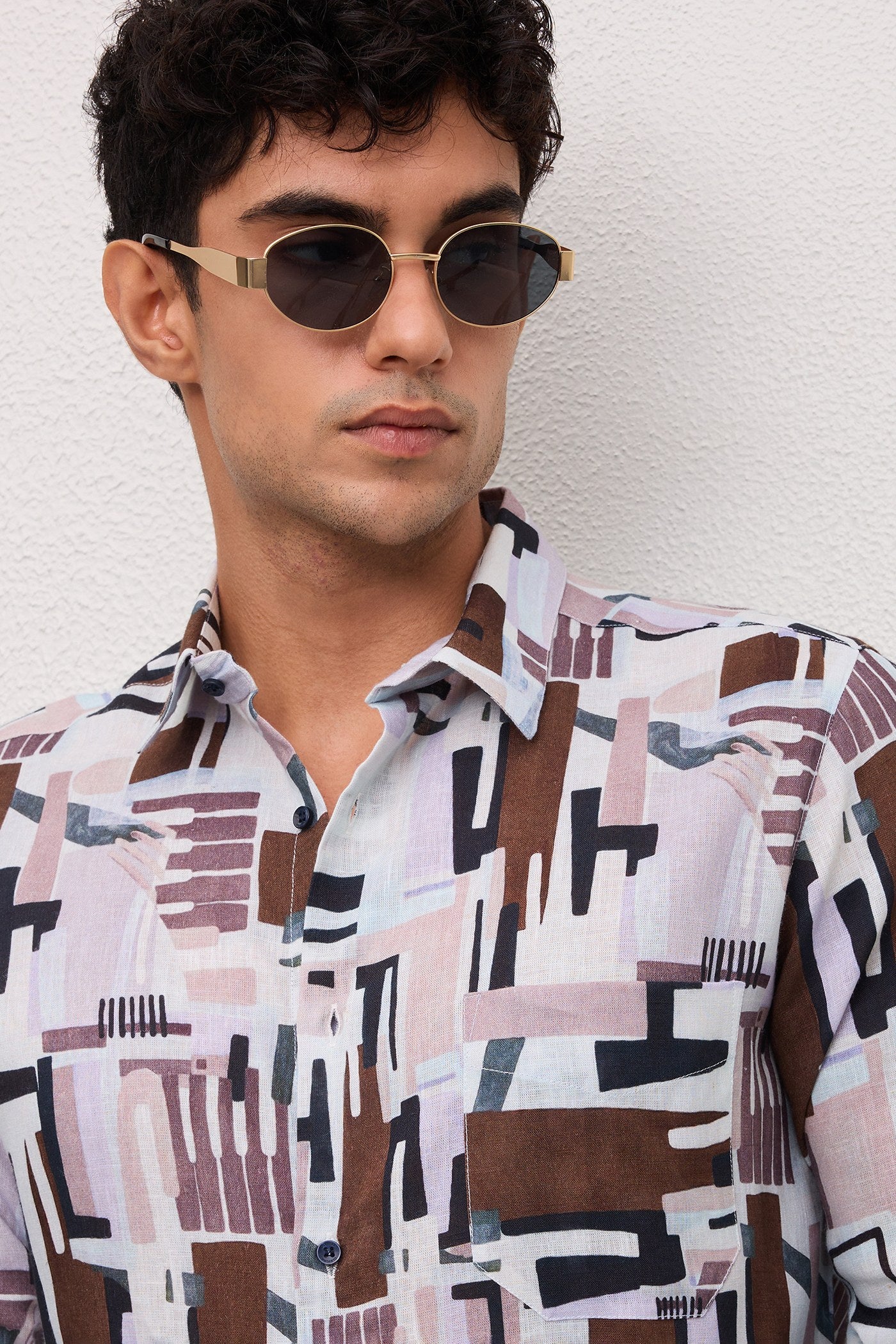 AMALFI- MENS AMALFI PREMIUM COTTON LINEN BLEND MULTICOLOR CONTEMPRORY PRINT SLIM FIT SHIRT