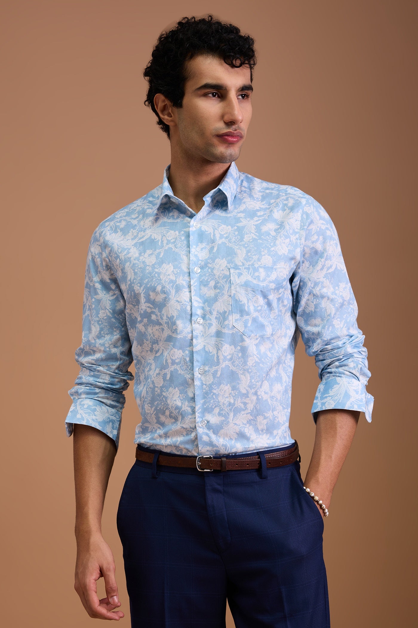 FUJI- MENS FUJI PREMIUM COTTON SKY BLUE PRINTED CASUAL SLIM FIT SHIRT