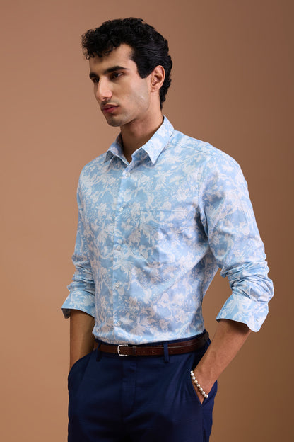 FUJI- MENS FUJI PREMIUM COTTON SKY BLUE PRINTED CASUAL SLIM FIT SHIRT