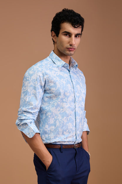 FUJI- MENS FUJI PREMIUM COTTON SKY BLUE PRINTED CASUAL SLIM FIT SHIRT