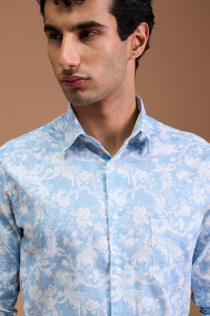FUJI- MENS FUJI PREMIUM COTTON SKY BLUE PRINTED CASUAL SLIM FIT SHIRT