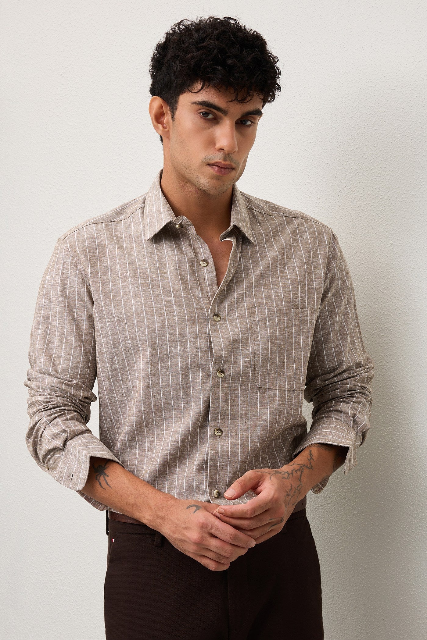 PIERO- MENS PREMIUM COTTON BLEND BROWN STRIPED REGULAR FIT SHIRT