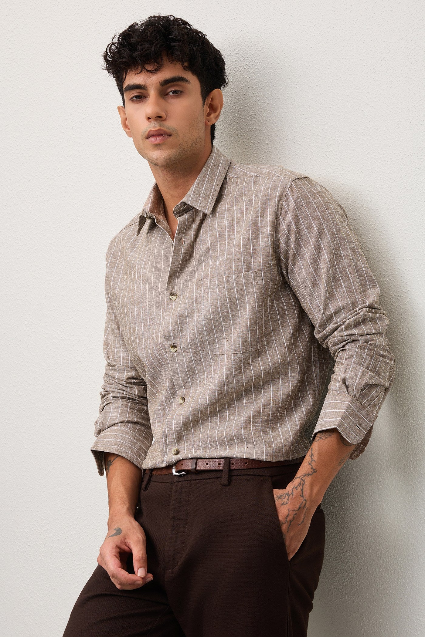PIERO- MENS PREMIUM COTTON BLEND BROWN STRIPED REGULAR FIT SHIRT