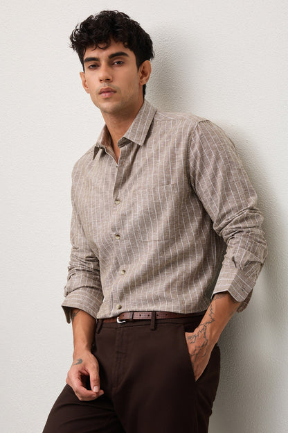 PIERO- MENS PREMIUM COTTON BLEND BROWN STRIPED REGULAR FIT SHIRT