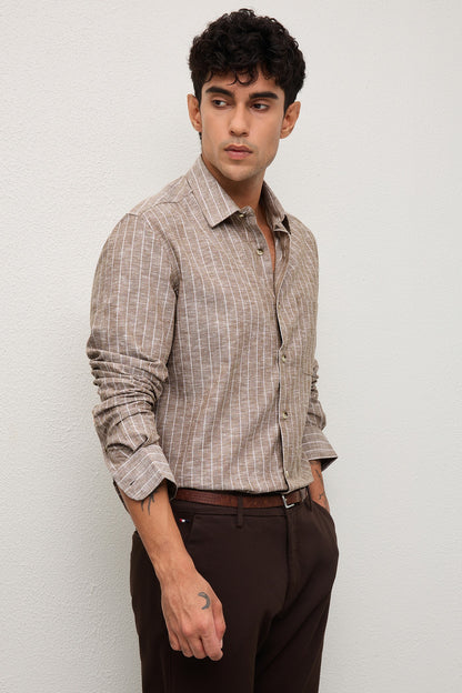 PIERO- MENS PREMIUM COTTON BLEND BROWN STRIPED REGULAR FIT SHIRT