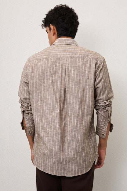 PIERO- MENS PREMIUM COTTON BLEND BROWN STRIPED REGULAR FIT SHIRT