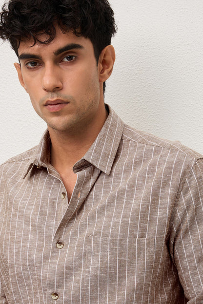 PIERO- MENS PREMIUM COTTON BLEND BROWN STRIPED REGULAR FIT SHIRT