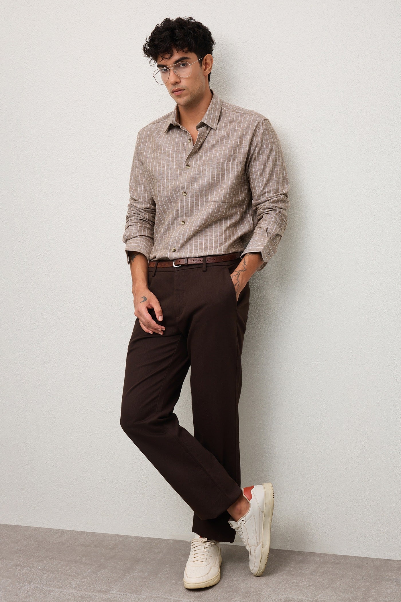 PIERO- MENS PREMIUM COTTON BLEND BROWN STRIPED REGULAR FIT SHIRT