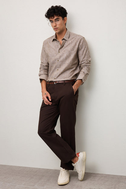 PIERO- MENS PREMIUM COTTON BLEND BROWN STRIPED REGULAR FIT SHIRT