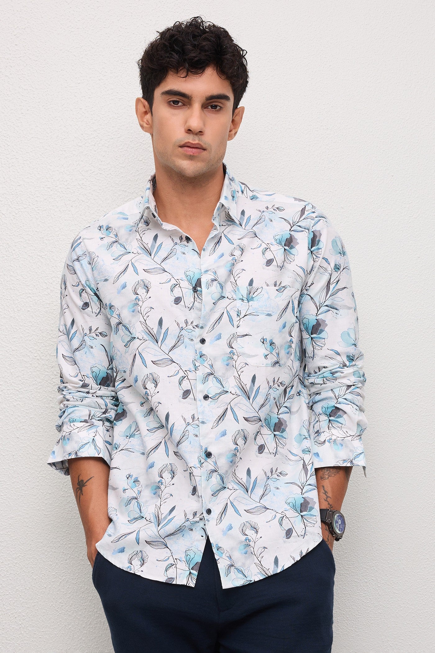 ALGHERO- MENS ALGHERO PREMIUM COTTON BLUE PRINTED CASUAL SLIM FIT SHIRT