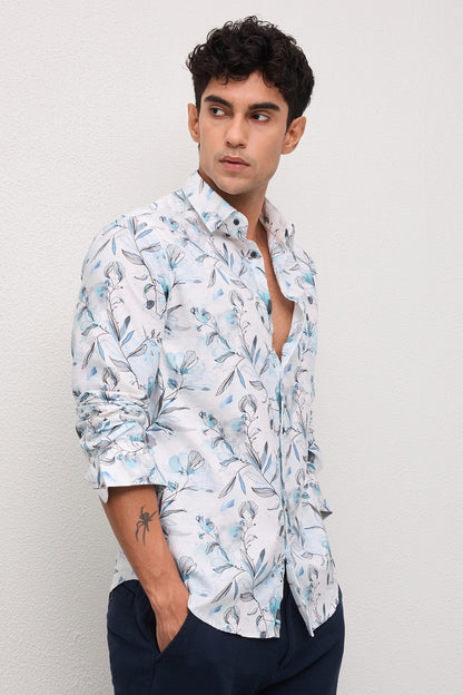 ALGHERO- MENS ALGHERO PREMIUM COTTON BLUE PRINTED CASUAL SLIM FIT SHIRT