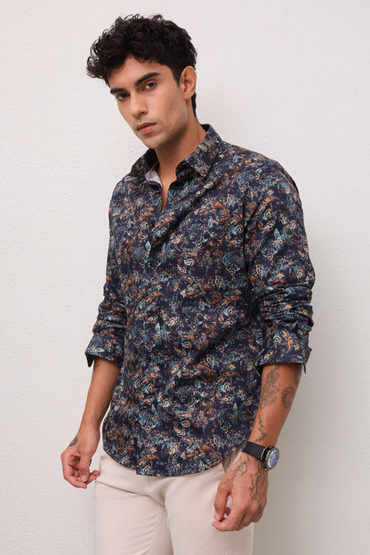 JASPER- MENS JASPER PREMIUM COTTON NAVY MULTICOLOR PRINTED CASUAL SLIM FIT SHIRT