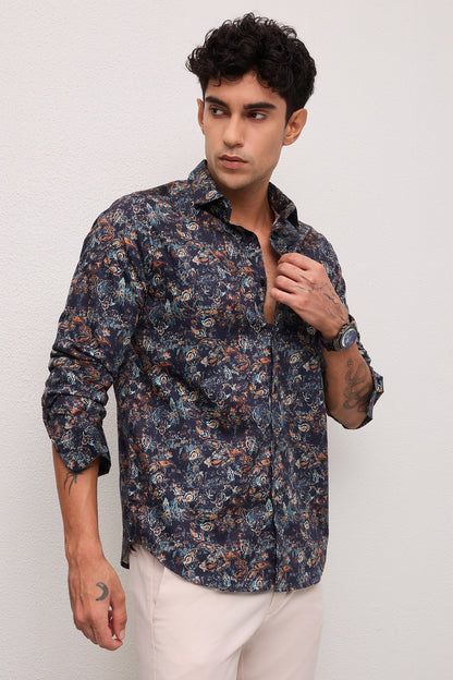 JASPER- MENS JASPER PREMIUM COTTON NAVY MULTICOLOR PRINTED CASUAL SLIM FIT SHIRT