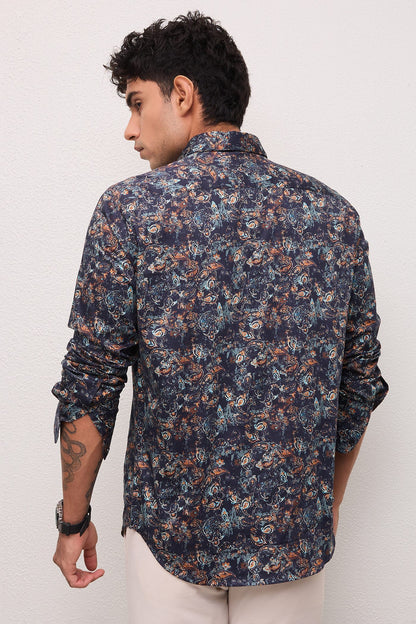 JASPER- MENS JASPER PREMIUM COTTON NAVY MULTICOLOR PRINTED CASUAL SLIM FIT SHIRT