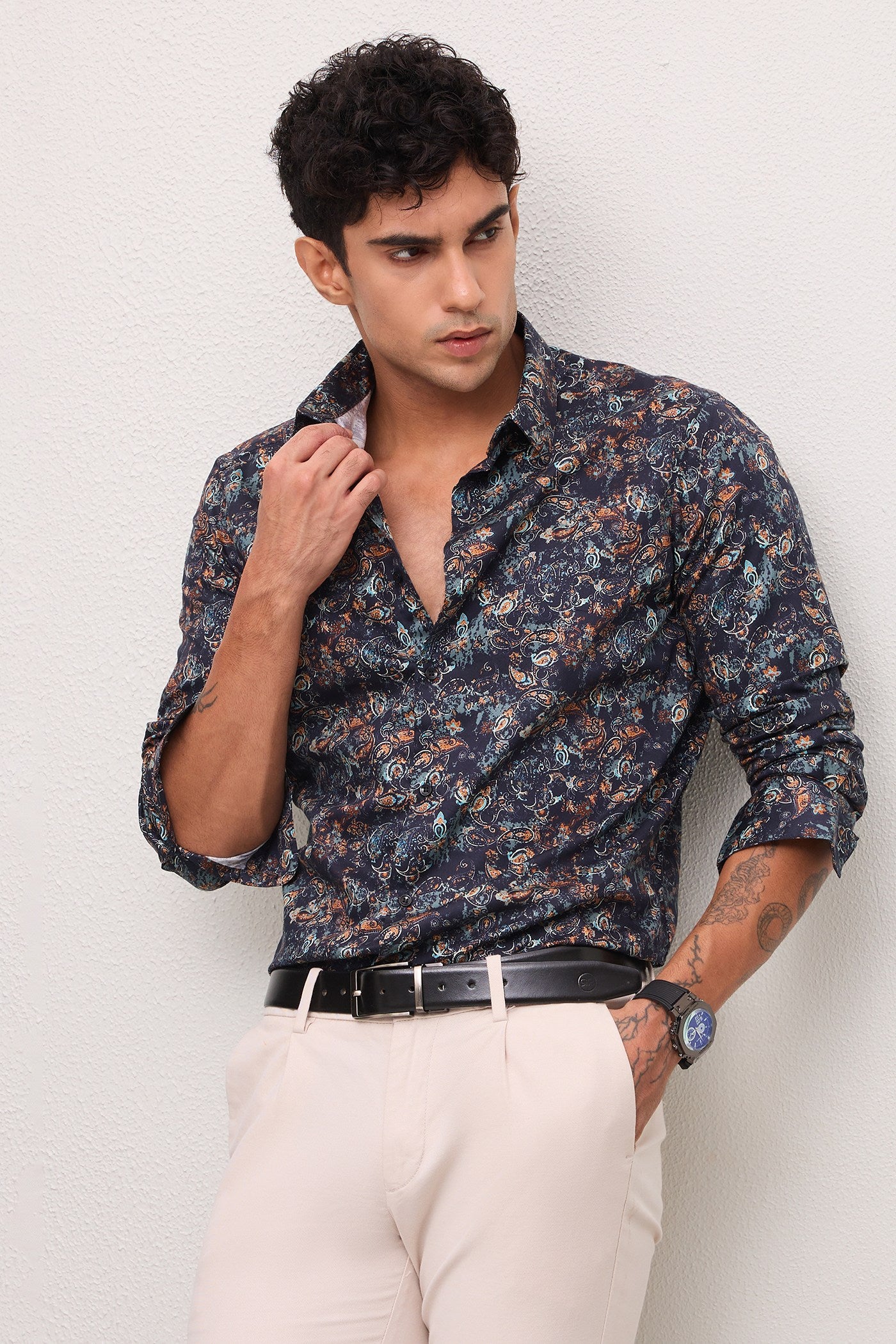 JASPER- MENS JASPER PREMIUM COTTON NAVY MULTICOLOR PRINTED CASUAL SLIM FIT SHIRT