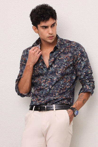 JASPER- MENS JASPER PREMIUM COTTON NAVY MULTICOLOR PRINTED CASUAL SLIM FIT SHIRT