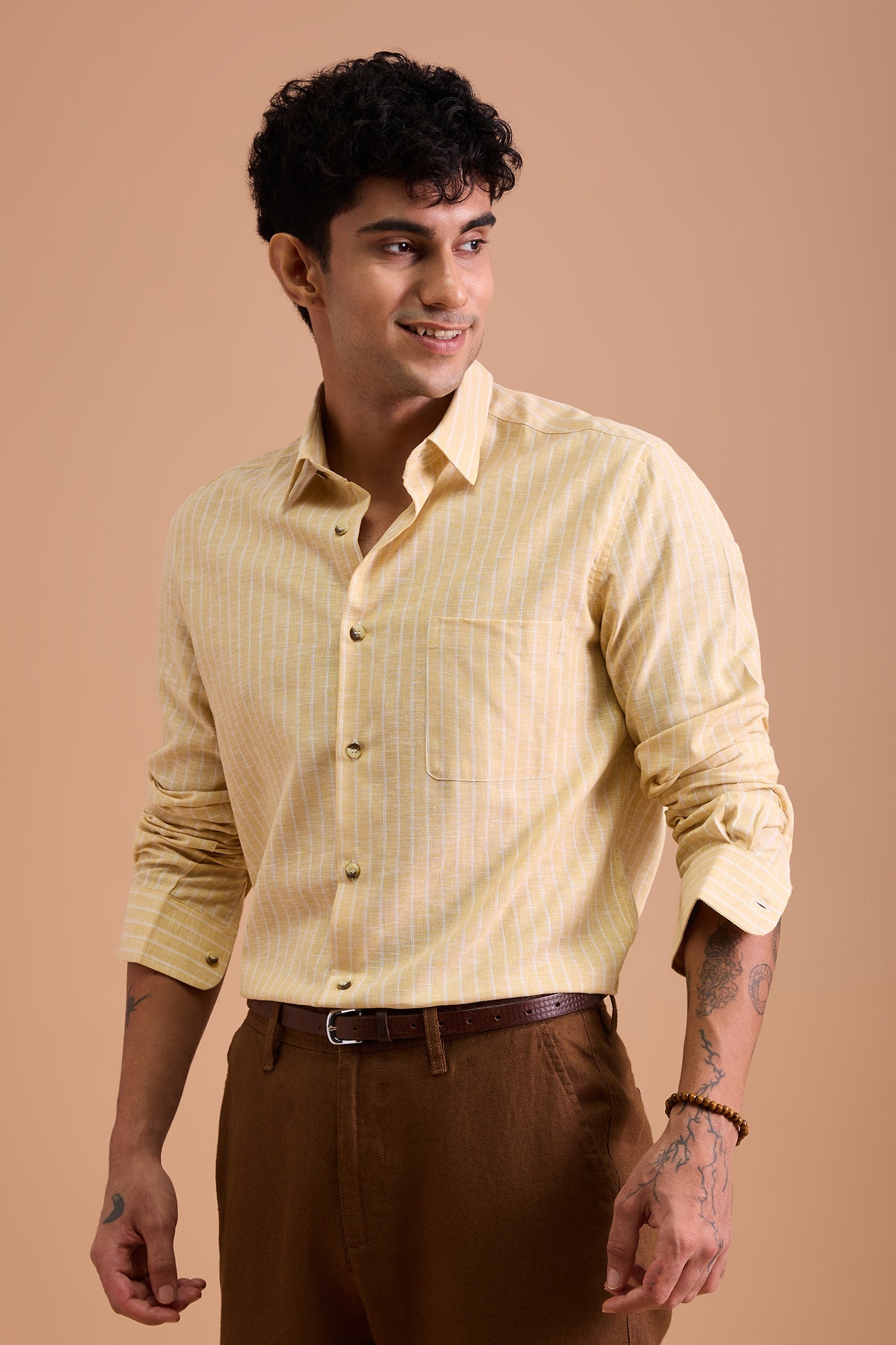 LUCA- MENS PREMIUM COTTON BLEND YELLOW STRIPED REGULAR FIT SHIRT