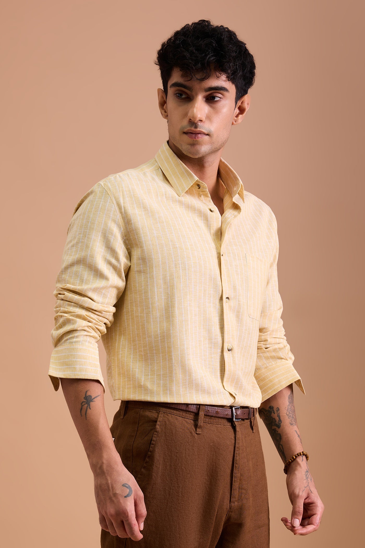 LUCA- MENS PREMIUM COTTON BLEND YELLOW STRIPED REGULAR FIT SHIRT