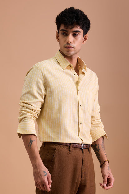 LUCA- MENS PREMIUM COTTON BLEND YELLOW STRIPED REGULAR FIT SHIRT