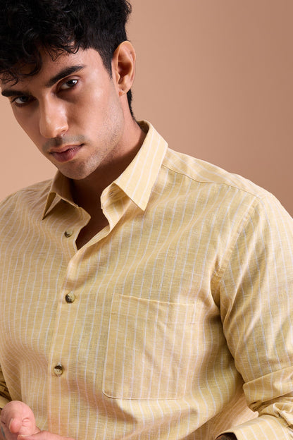 LUCA- MENS PREMIUM COTTON BLEND YELLOW STRIPED REGULAR FIT SHIRT