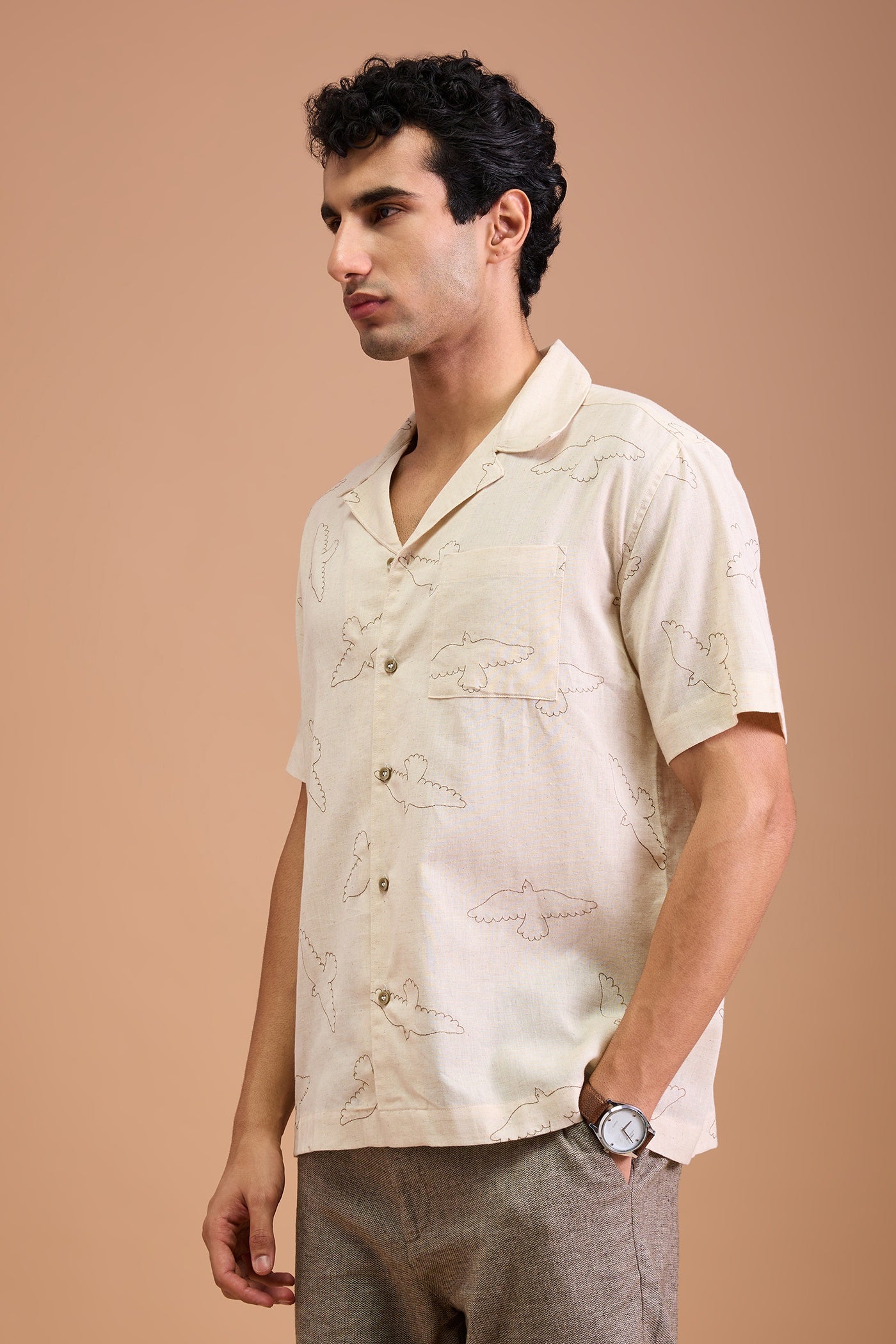 FAWN- MENS FAWN PREMIUM COTTON LINEN BLEND OFF WHITE BIRD EMBROIDERY RELAXED FIT CUBAN SHIRT