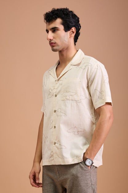 FAWN- MENS FAWN PREMIUM COTTON LINEN BLEND OFF WHITE BIRD EMBROIDERY RELAXED FIT CUBAN SHIRT