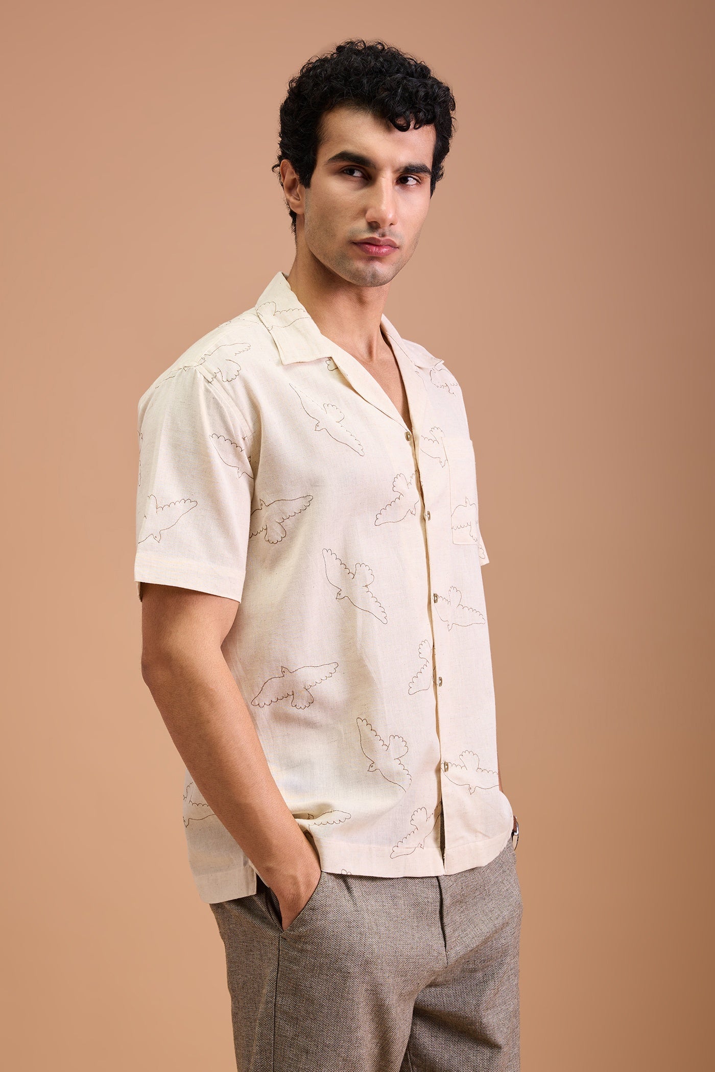 FAWN- MENS FAWN PREMIUM COTTON LINEN BLEND OFF WHITE BIRD EMBROIDERY RELAXED FIT CUBAN SHIRT