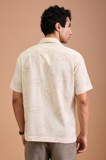 FAWN- MENS FAWN PREMIUM COTTON LINEN BLEND OFF WHITE BIRD EMBROIDERY RELAXED FIT CUBAN SHIRT