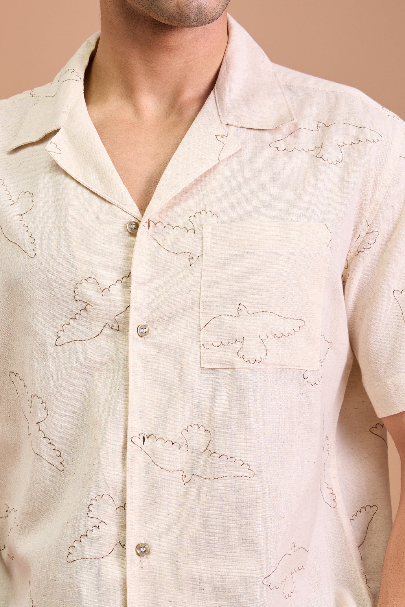 FAWN- MENS FAWN PREMIUM COTTON LINEN BLEND OFF WHITE BIRD EMBROIDERY RELAXED FIT CUBAN SHIRT