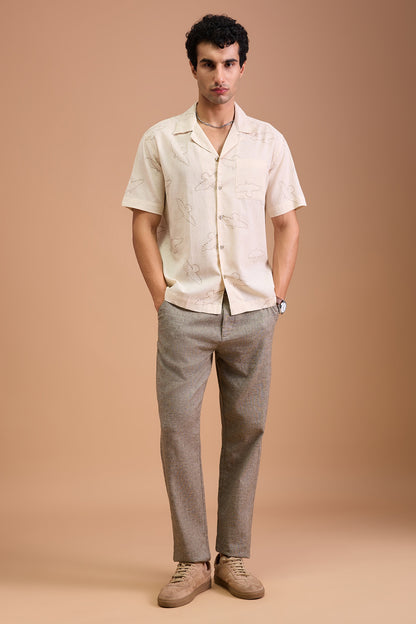 FAWN- MENS FAWN PREMIUM COTTON LINEN BLEND OFF WHITE BIRD EMBROIDERY RELAXED FIT CUBAN SHIRT